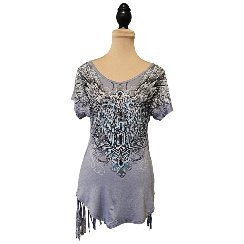 Harley-Davidson Fluer De Lis Crystal Embellished Fringe Tee-Shirt sz S